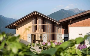 A wooden cabin with a stone foundation, set against a mountainous backdrop. - Apartment 'Töllhof - Paul' with Mountain View and Wi-Fi (Rasa)