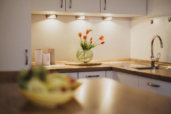 A kitchen with white cabinets, a stainless steel sink, and a vase with orange flowers on the counter. - Apartment 'Töllhof - Paul' with Mountain View and Wi-Fi (Rasa)