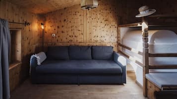 A wooden cabin interior with a sofa, a hanging light fixture, and a bunk bed.