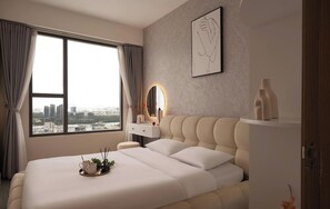 A modern hotel room with a large bed, a bedside table, a mirror, and a city view. - Rivergate Residence D4 by Veluxe Stay (Khanh Hoi)