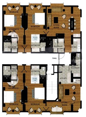 Plano de planta de un hotel con habitaciones separadas, sala de estar, comedor, cocina y baños.