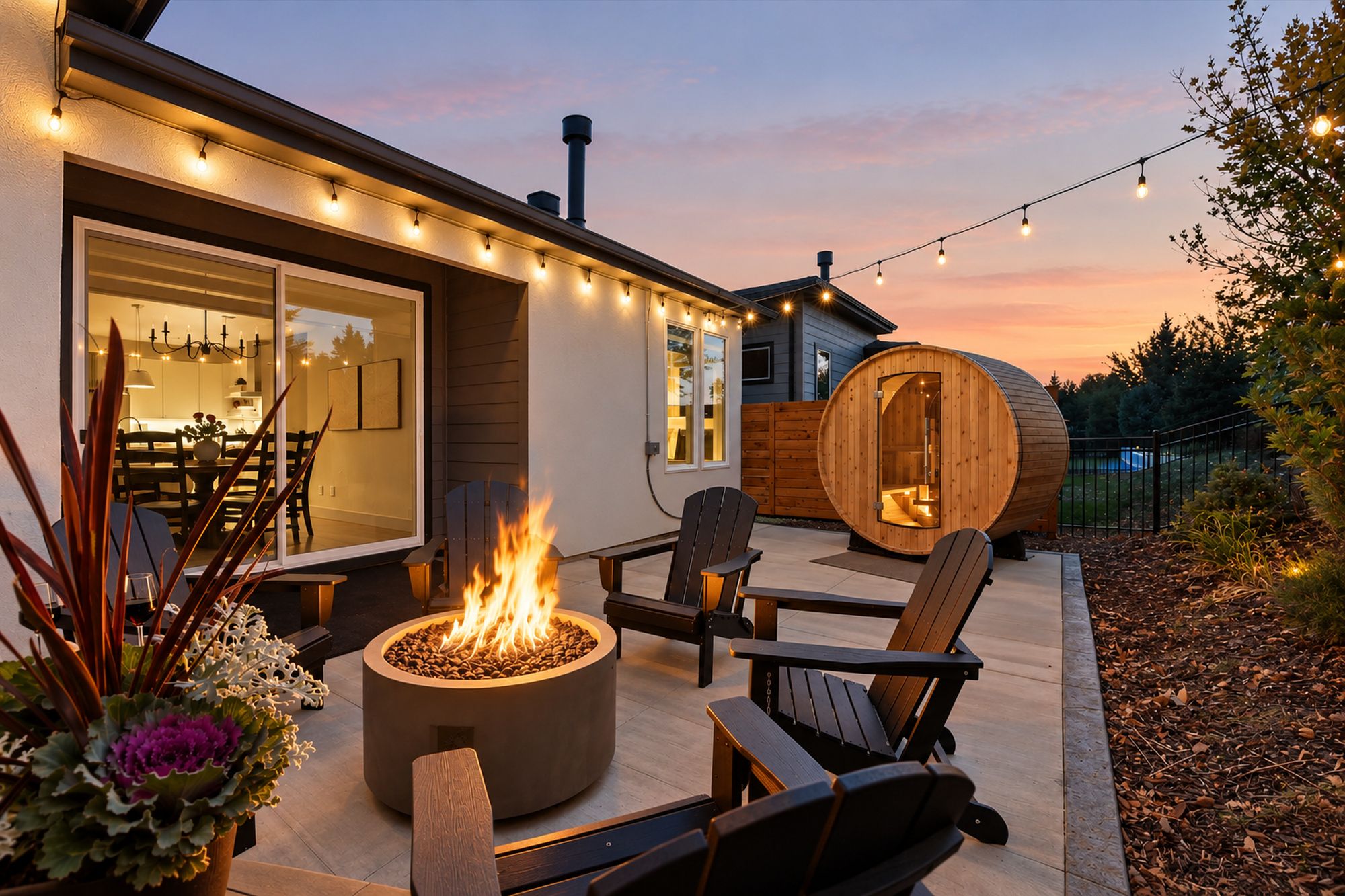 Un patio moderno al aire libre con una chimenea, asientos e iluminación con luces colgantes.