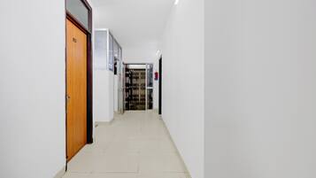 Un pasillo con una puerta de madera, una reja de metal y un extintor en la pared.