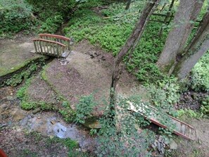 Une zone boisée avec un pont en bois et un petit ruisseau.