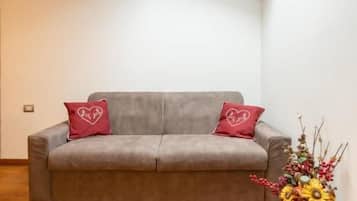 Una stanza con un divano grigio, due cuscini a forma di cuore, un pavimento in legno e un lucernario.