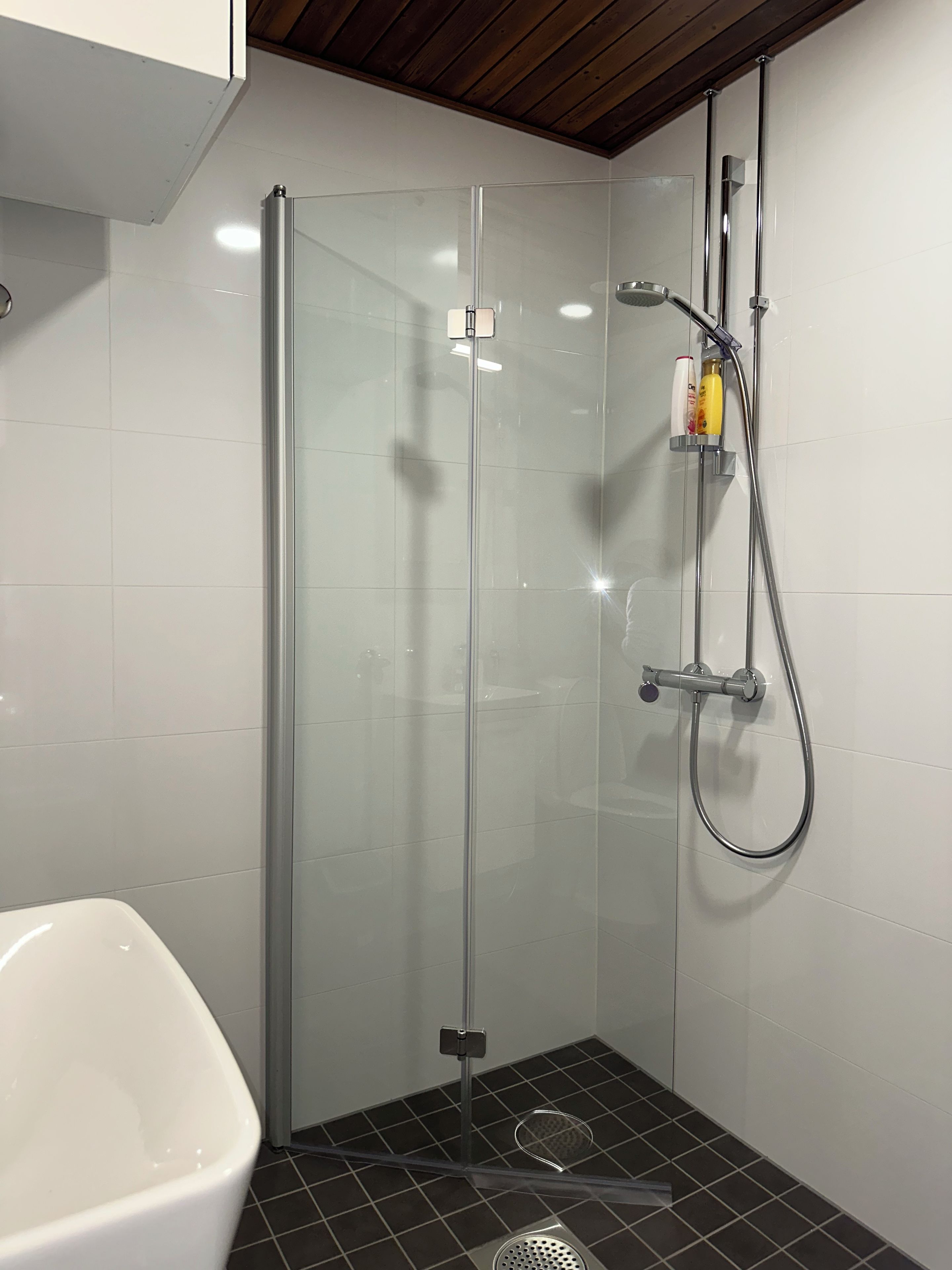 A modern bathroom with a glass-enclosed shower, a white bathtub, and a tiled floor.