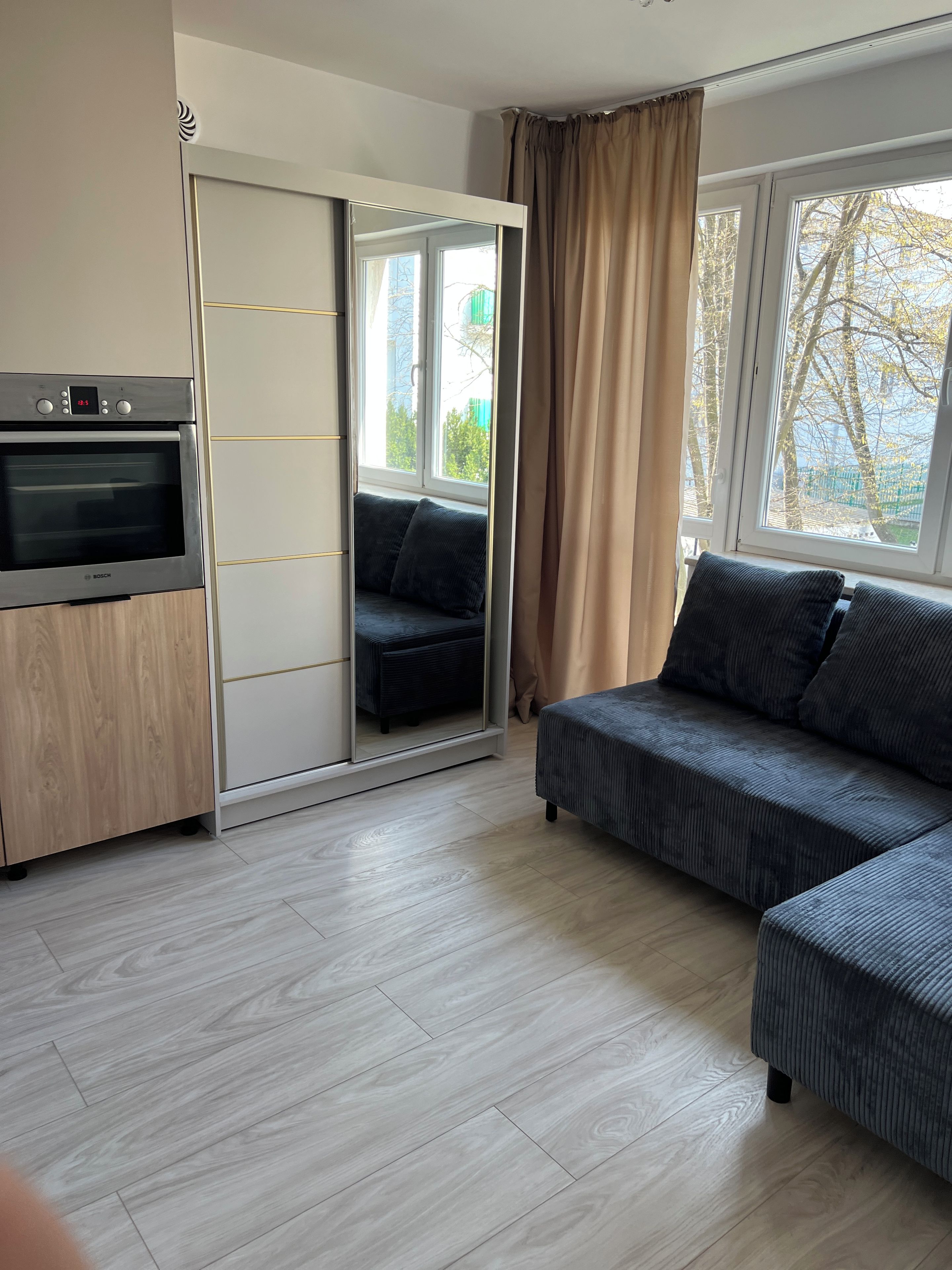 A modern room with a sofa, a built-in oven, and a sliding door closet.
