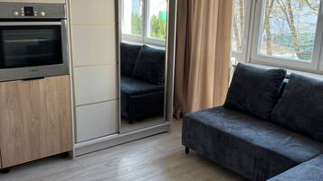 A modern room with a sofa, a built-in oven, and a sliding door closet.