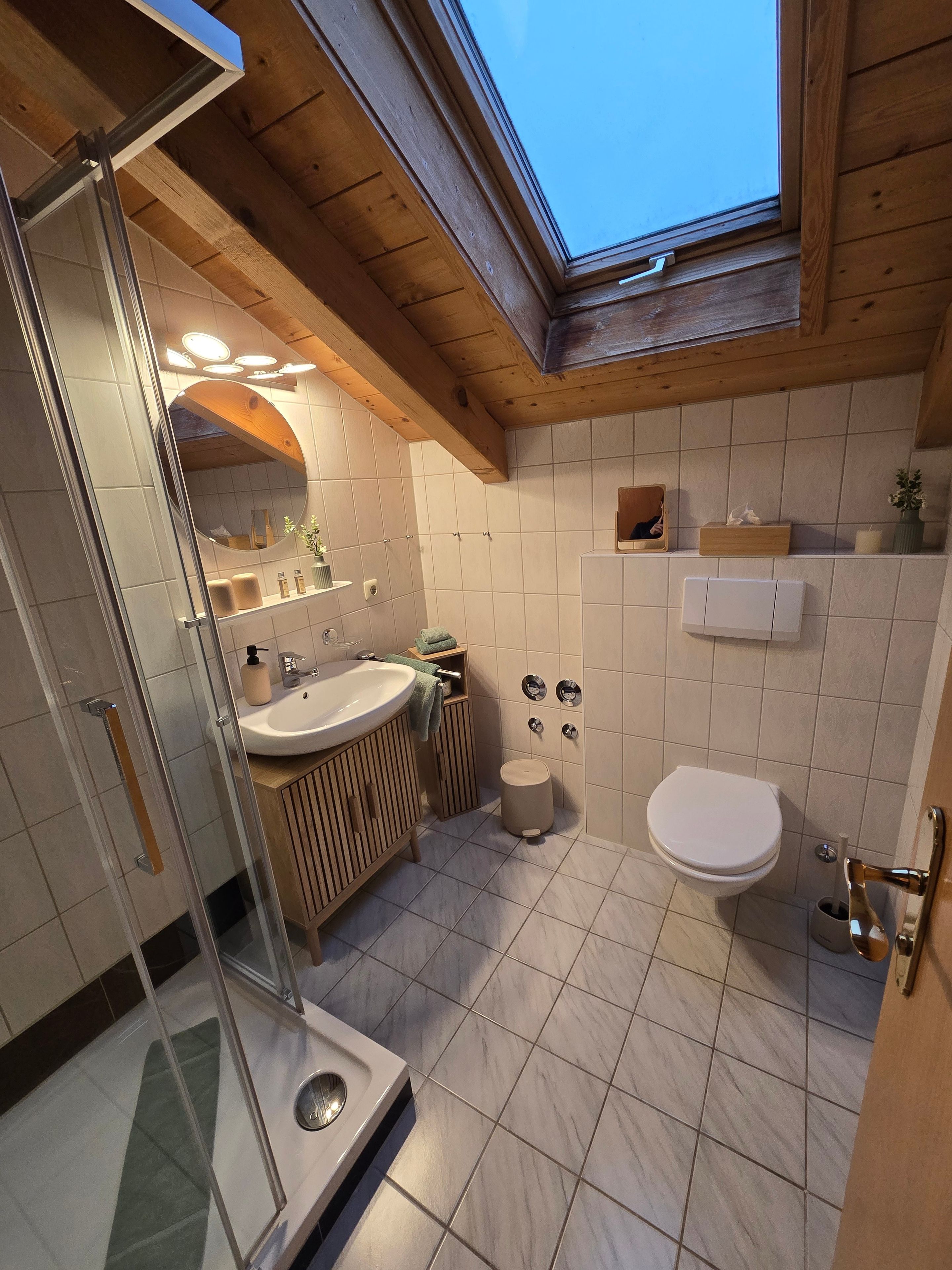 A modern bathroom with a skylight, a glass shower enclosure, a wooden vanity, and a toilet.