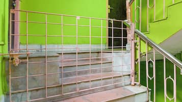 Uma escadaria com corrimão de metal, parede verde e porta com puxador decorativo.