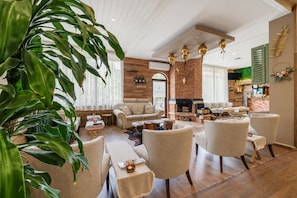 A spacious living area with a fireplace, comfortable seating, and a large plant. - Hotel Forestia (Borovets)