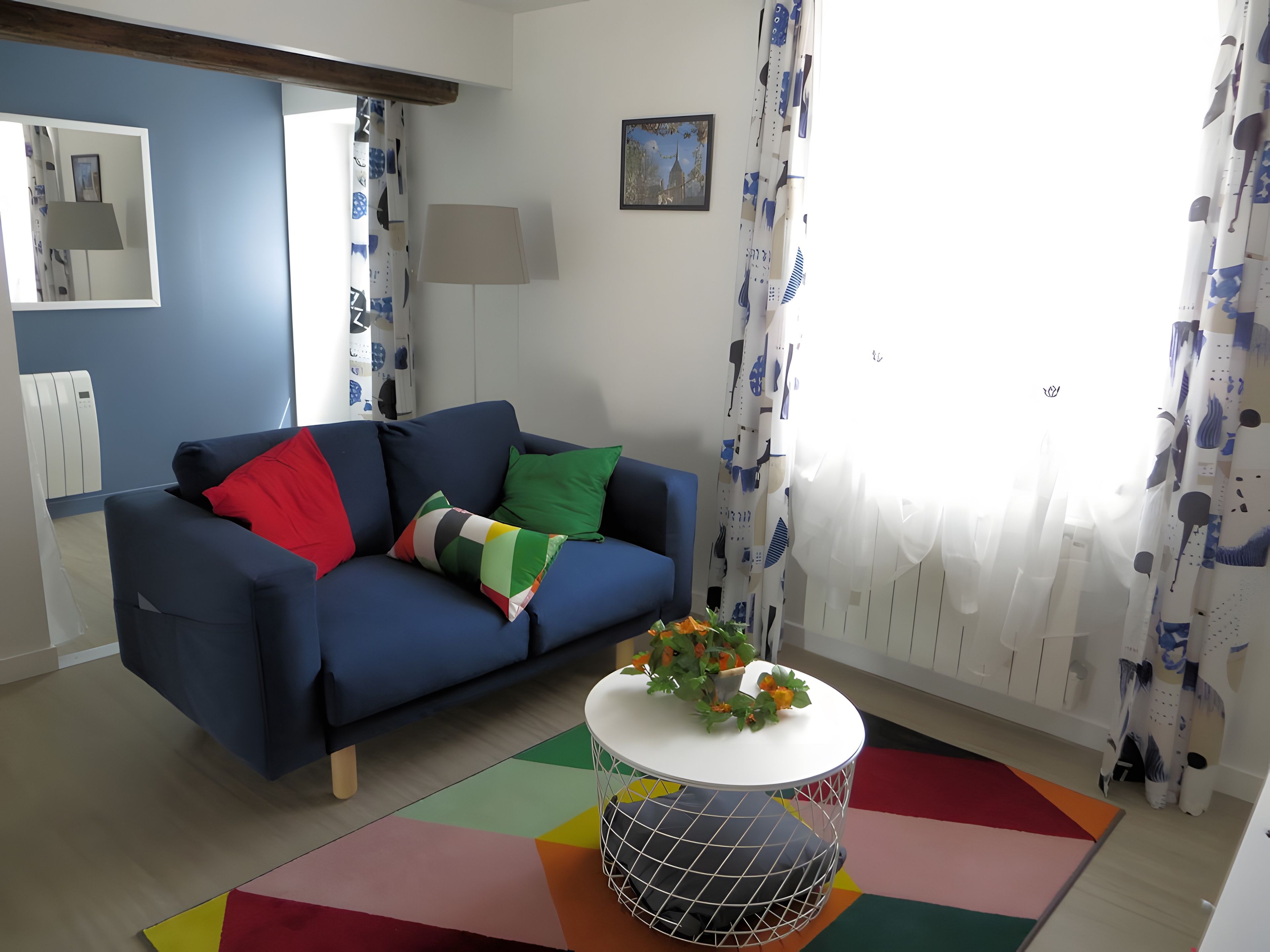 A living room with a blue sofa, colorful cushions, a white table with a plant, and a geometric rug.