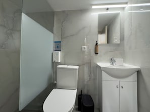 Une salle de bain moderne équipée de toilettes, d’un lavabo et d’un miroir.