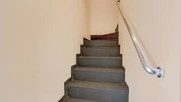 Una escalera con barandilla y alfombra roja.