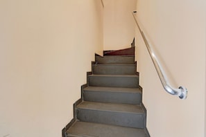 Una escalera con barandilla y alfombra roja.