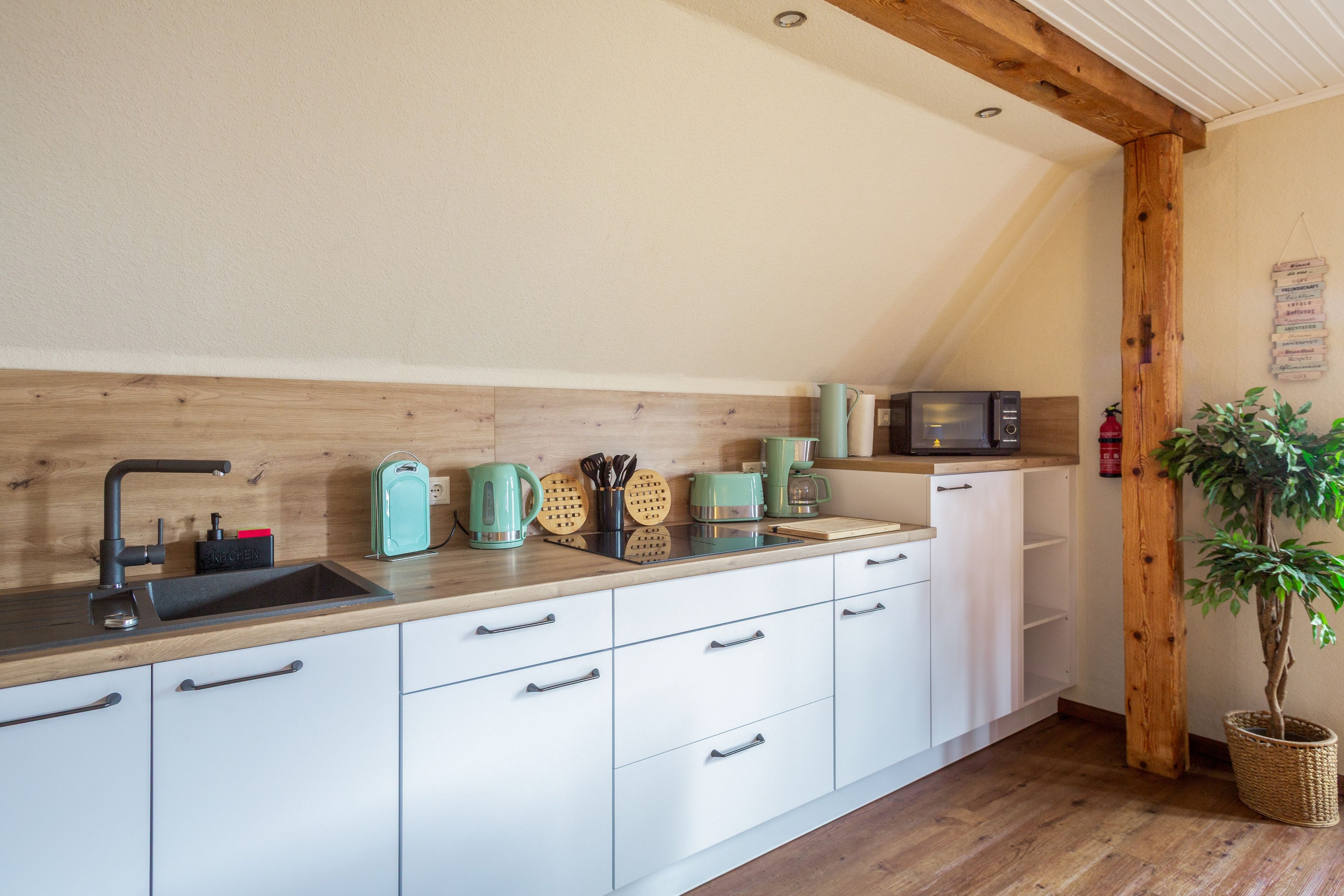 A modern kitchen with white cabinets, a wooden ceiling, and a small plant.