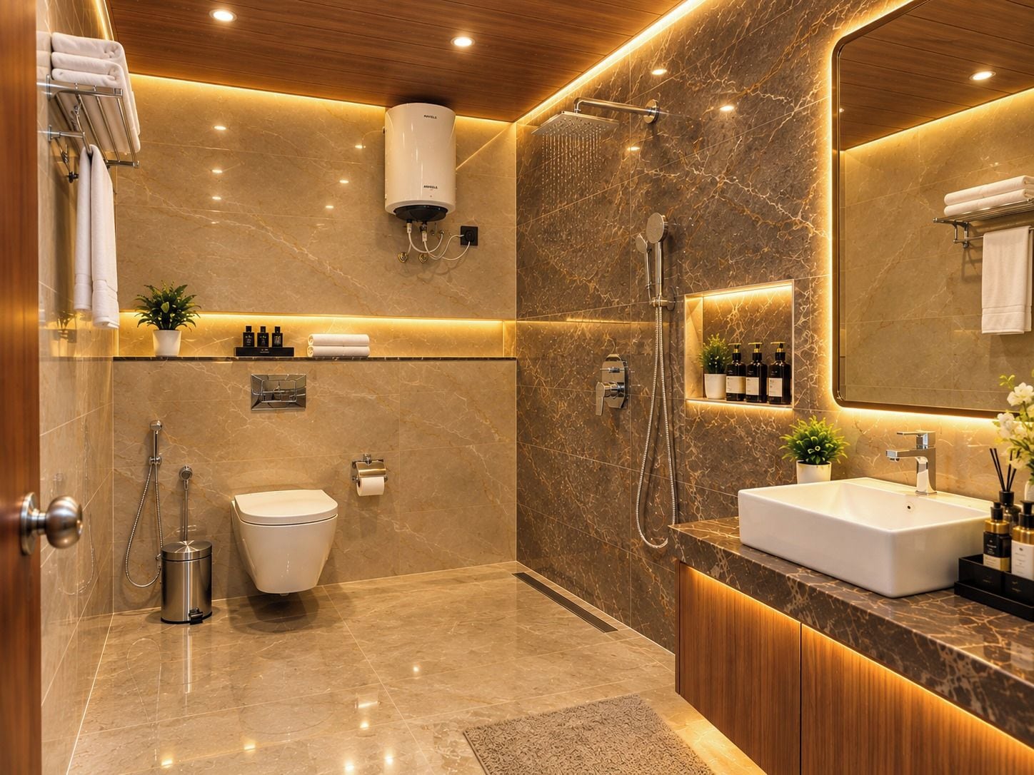Une salle de bain moderne avec un sol en marbre, un lavabo intégré, des toilettes, une douche avec un pommeau de douche à main et un porte-serviettes.