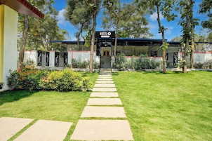 A hotel entrance with a paved pathway leading to the door, surrounded by greenery and trees.