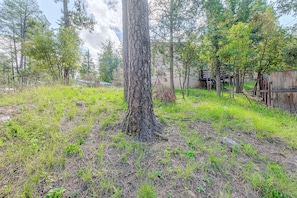 A forested area with a large tree in the foreground, a wooden fence, and a clear sky. - Walk to Midtown! Family Getaway w/ Wraparound Deck (Ruidoso)