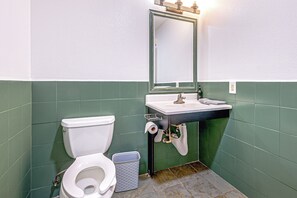 A bathroom with a toilet, sink, and mirror. - Riverside Retreat -horse Creel Retreat Arcadia (Fort Ogden)