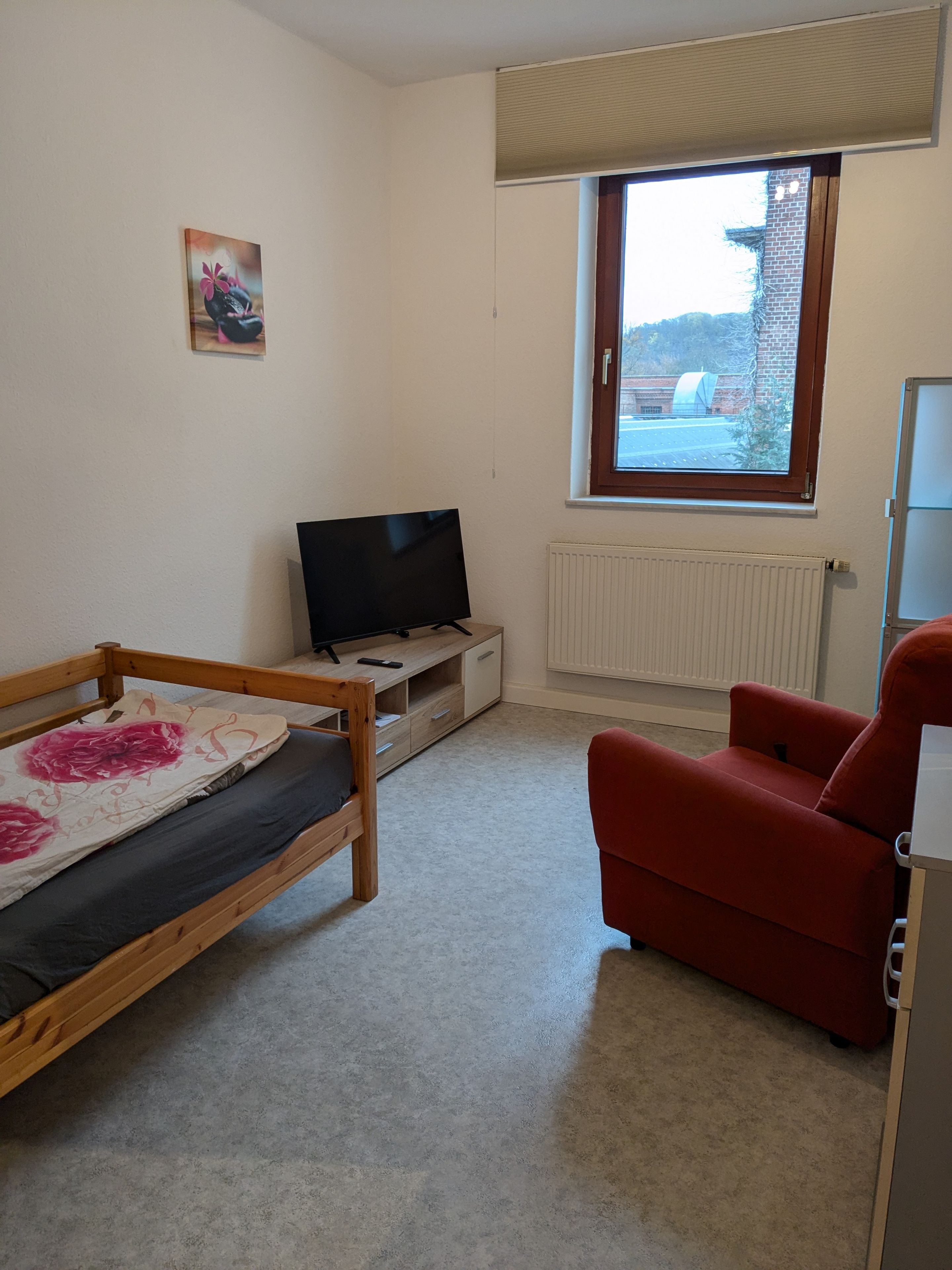 Une chambre à coucher avec un lit, une télévision, un fauteuil rouge, une fenêtre donnant sur un beau paysage et un radiateur.