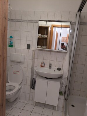 A compact bathroom with a toilet, sink, and shower. - Apartment 'Zuhause auf Zeit' with Garden (Gera)