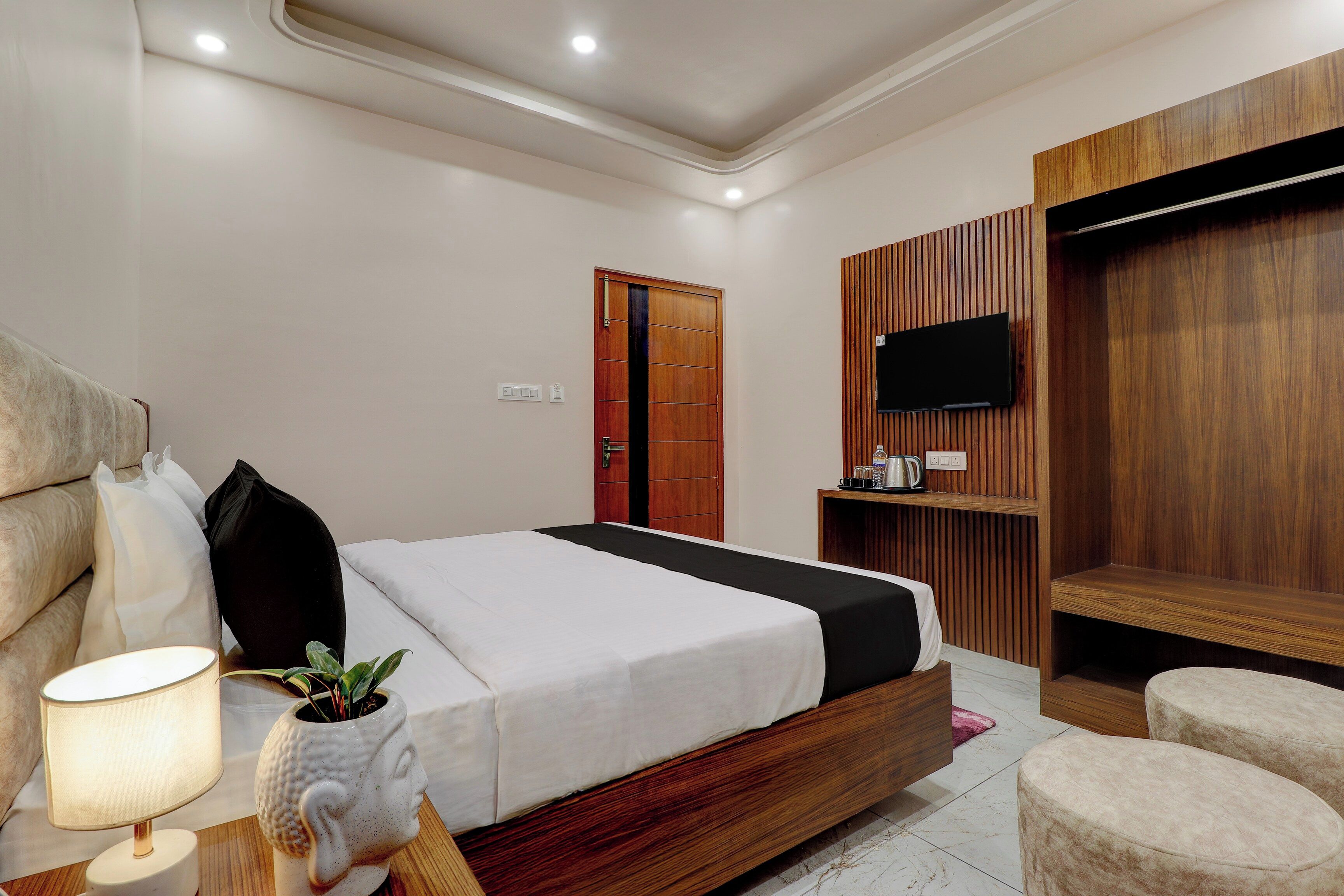 Una habitación de hotel moderna con cama, lámpara de noche, planta en maceta, televisor y armario de madera.