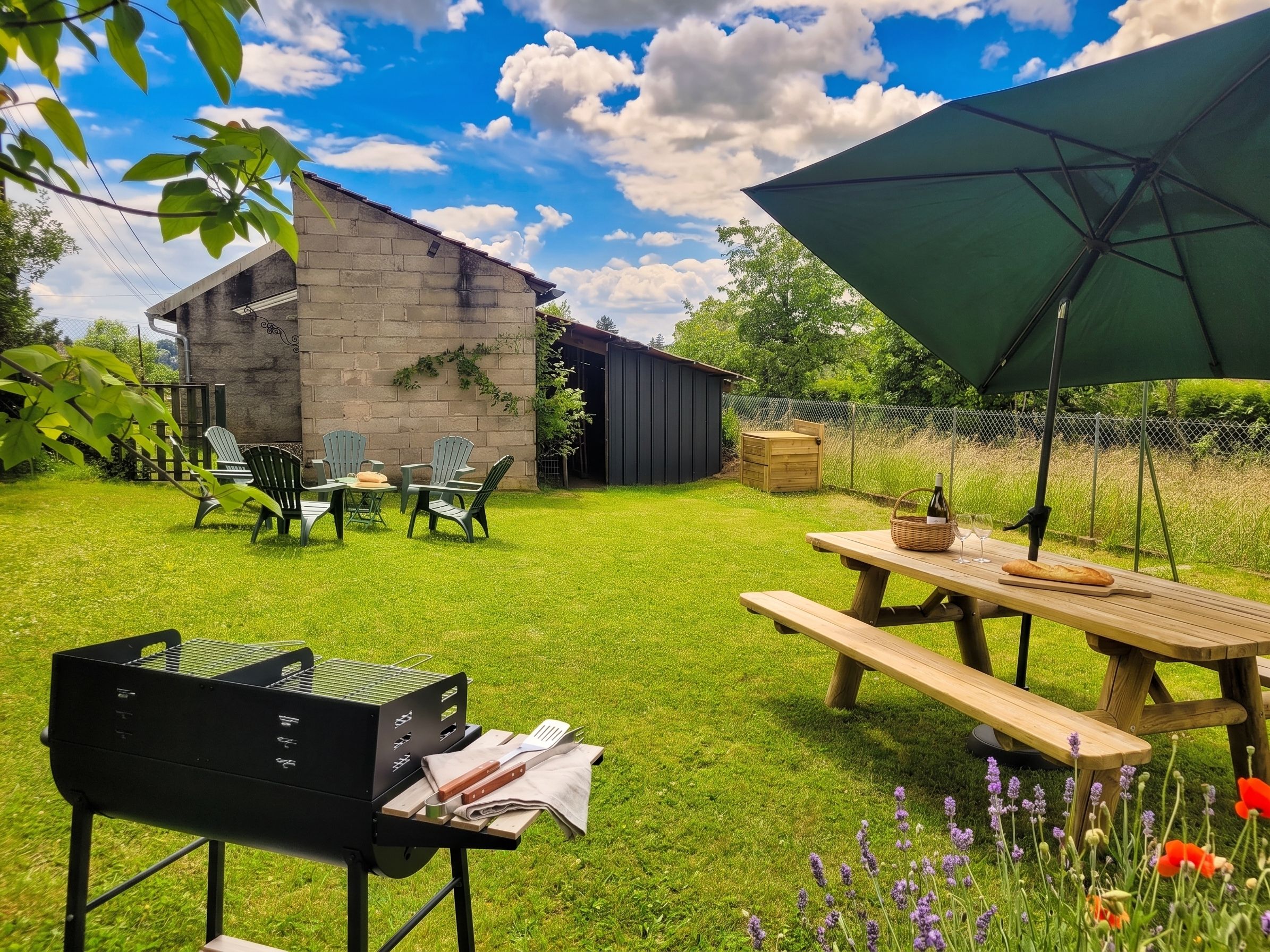 Patio trasero con una parrilla, mesa de picnic y mobiliario exterior.