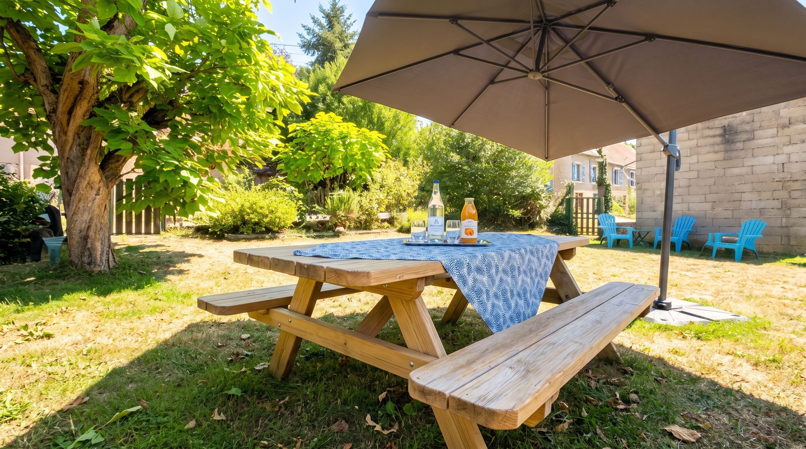 Una mesa de picnic de madera con mantel, una sombrilla y una botella de bebida encima.