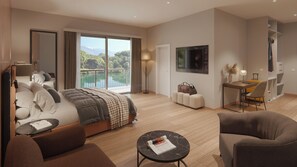 Habitación de hotel moderna con una cama grande, un escritorio, una silla y vistas a un lago.