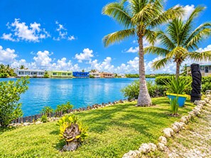 A waterfront property with a swimming pool, palm trees, and a variety of colorful buildings. - Renovated Lagoon View Condo with Pool in San Pedro (San Pedro)