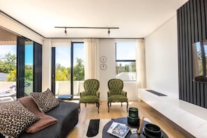 A modern living room with a sofa, two green armchairs, a coffee table, and a fireplace. - Penthouse at Aan de Meul (Stellenbosch)