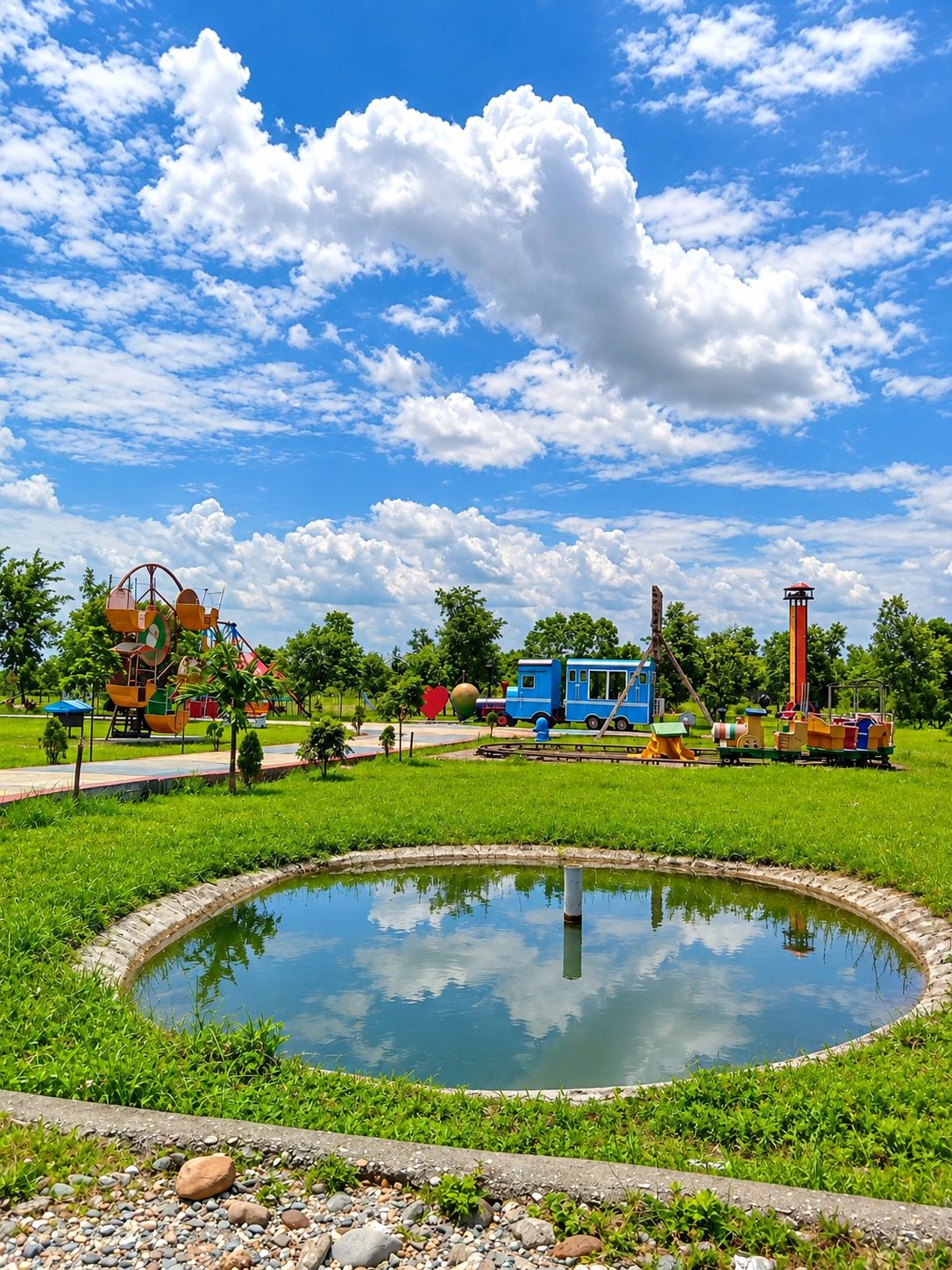 A park with a pond, playground, and a blue train.