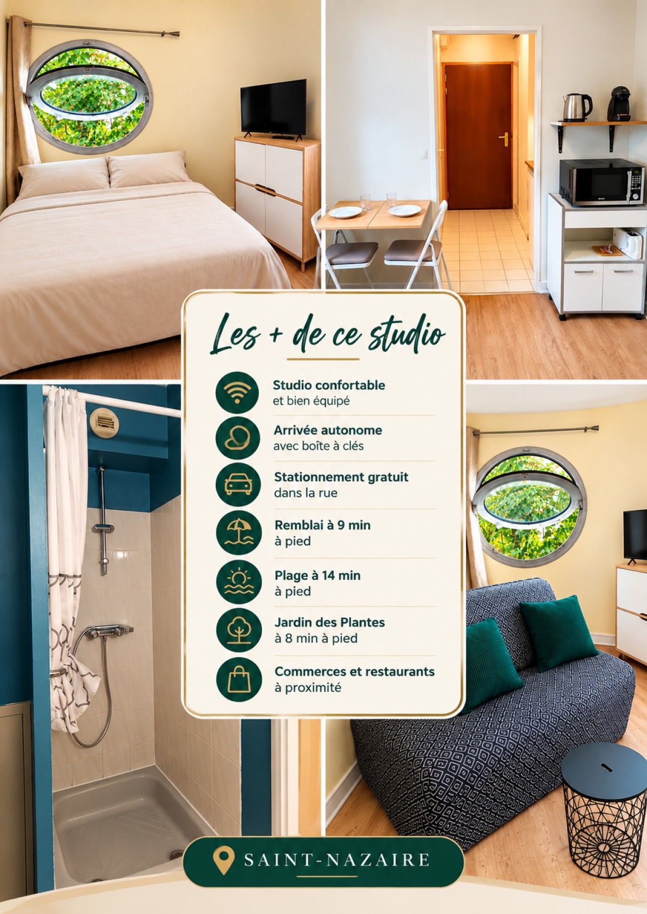 Studio cosy et équipé à Saint-Nazaire, avec arrivée autonome, stationnement gratuit et plage à 14 min à pied.