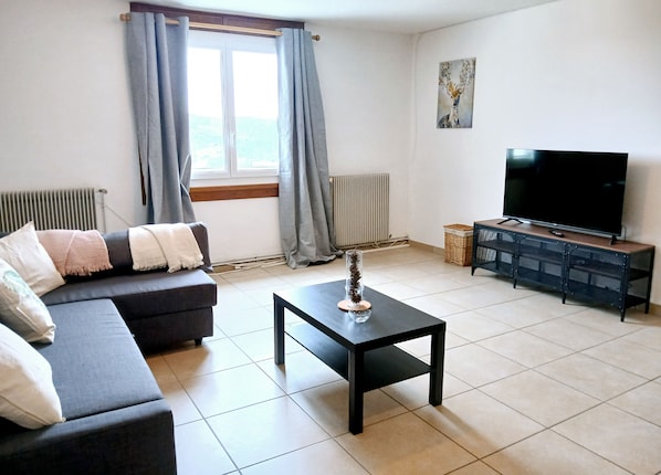 A living room with a sofa, a coffee table, a television, and a window with curtains.
