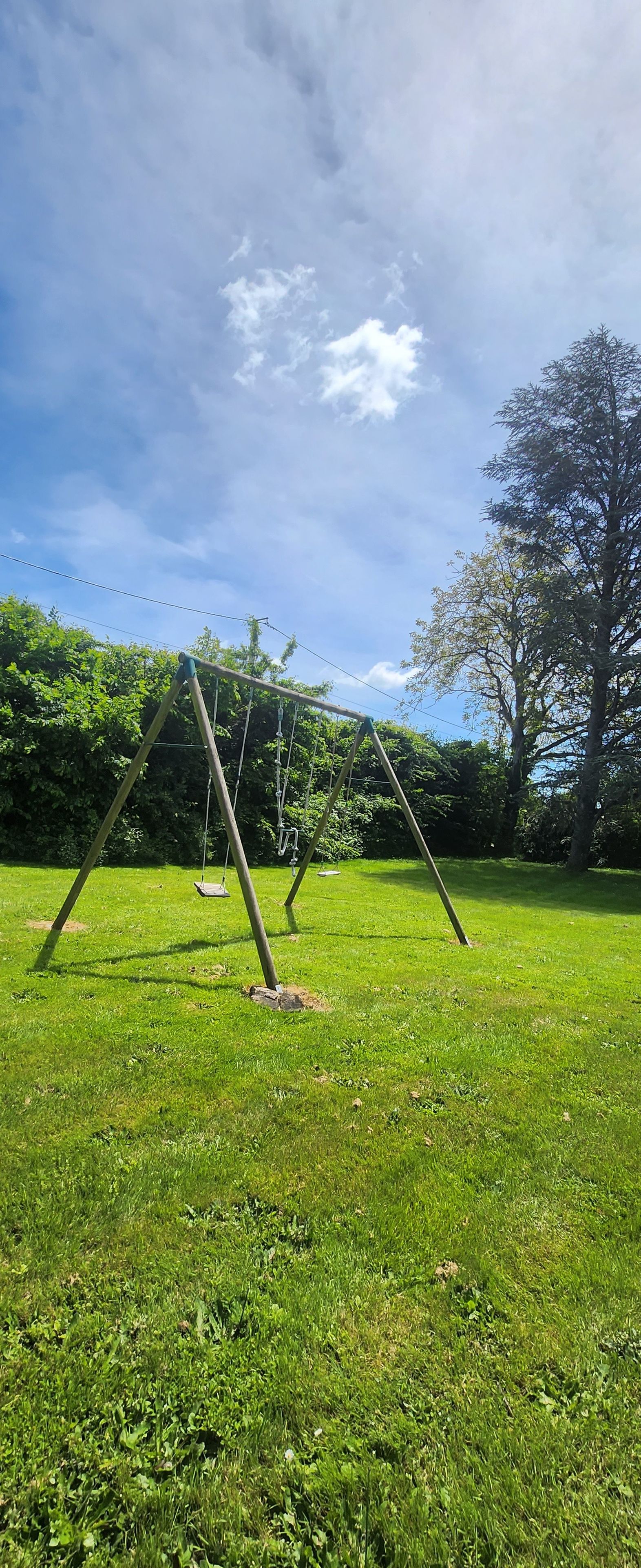 A swing set in a grassy park area with trees in the background.