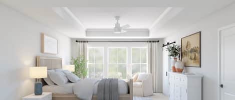 A bedroom with a bed, bedside tables, a nightstand, a dresser, a ceiling fan, and a window with curtains.
