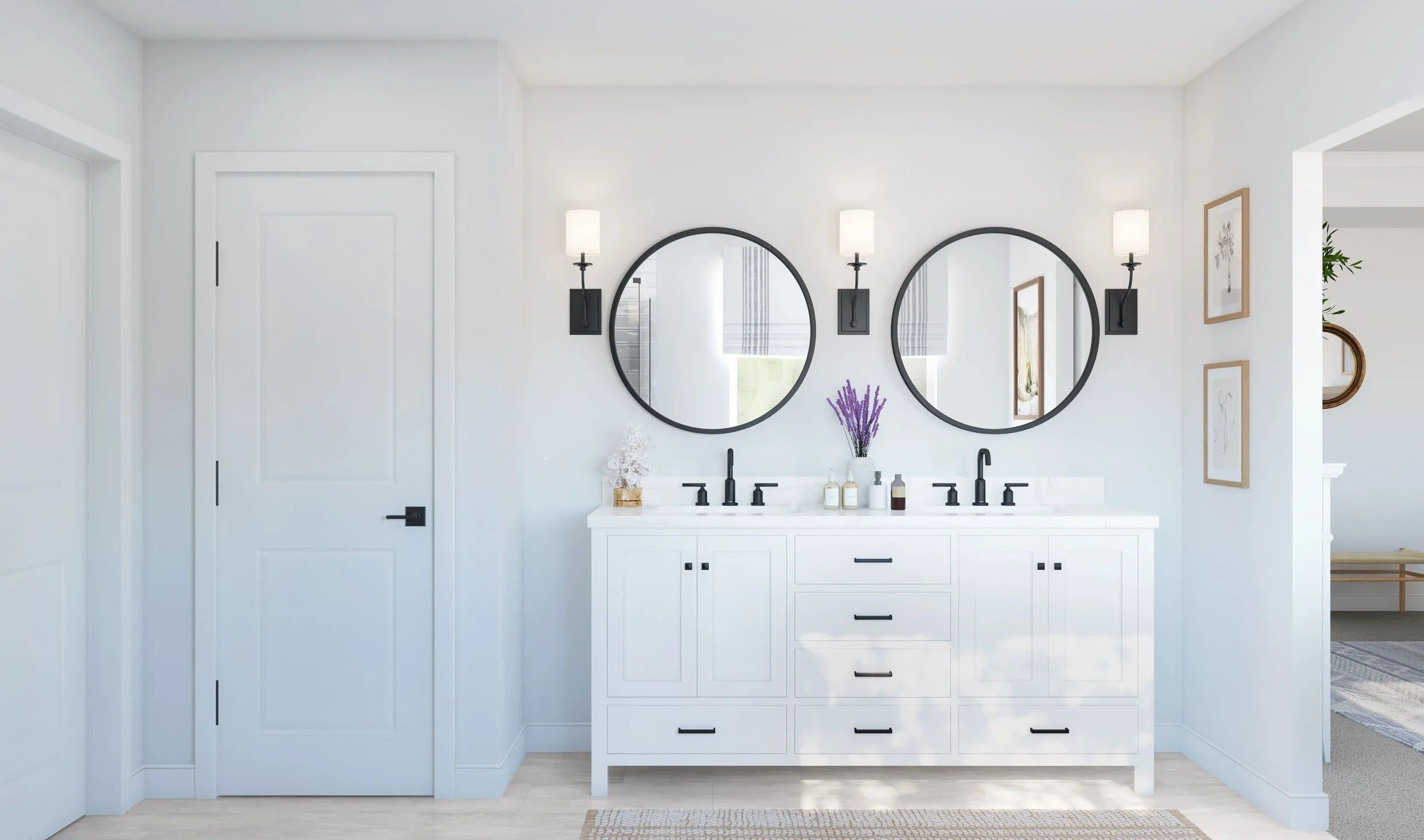 A modern bathroom with a white vanity, two round mirrors, and wall-mounted lighting.