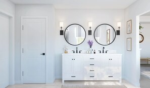 A modern bathroom with a white vanity, two round mirrors, and wall-mounted lighting. - Marblehead Monthly Stay 5 Bed Lake Retreat 5 Bedroom Home (Marblehead)