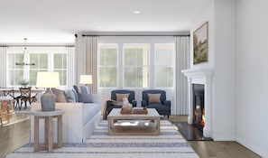 A living room with a fireplace, a sofa set, a coffee table, and a dining area with chairs and a lamp. - Marblehead Monthly Stay 5 Bed Lake Retreat 5 Bedroom Home (Marblehead)