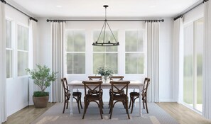 A dining room with a large window, a chandelier, and a potted plant. - Marblehead Monthly Stay 5 Bed Lake Retreat 5 Bedroom Home (Marblehead)
