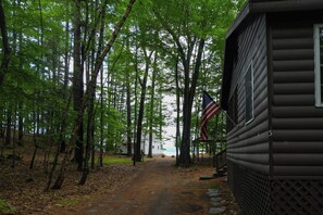 A cabin with a dirt path leading to it, surrounded by tall trees. - New for 2026! Two Cottages on Sebago Lake w/ 160’ of Shoreline & Sunset Views (Naples)