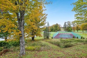 Ein Tennisplatz, umgeben von Bäumen mit gelben Blättern, einer Rasenfläche und einem klaren Himmel.