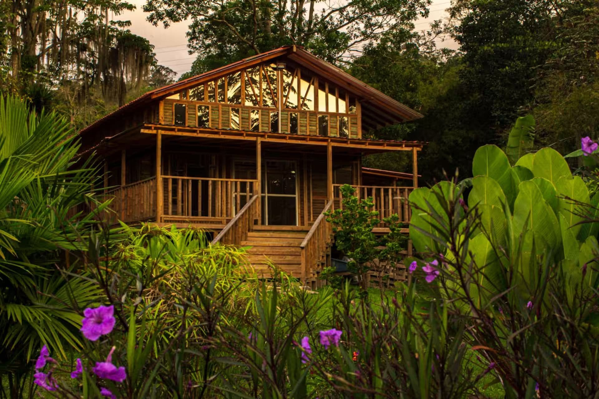 Una cabaña de madera con un porche, rodeada de exuberante follaje y plantas tropicales.