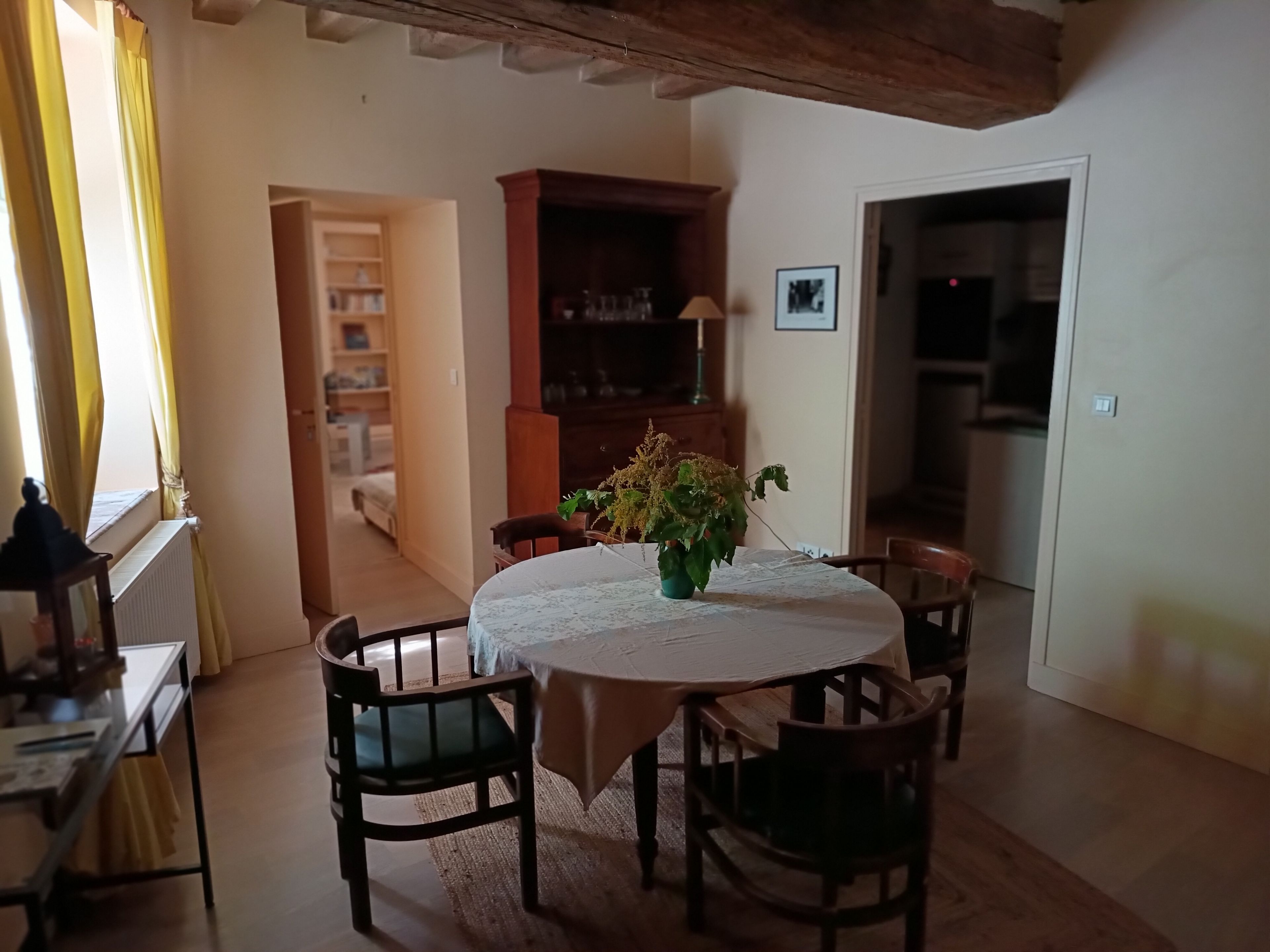 Un coin repas avec une table ronde, des chaises, un vase de fleurs et une bibliothèque.