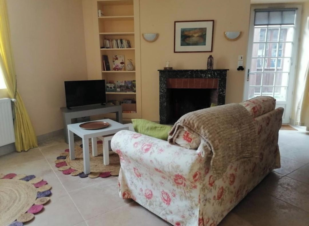 A living room with a sofa, a television, a fireplace, and a bookshelf.