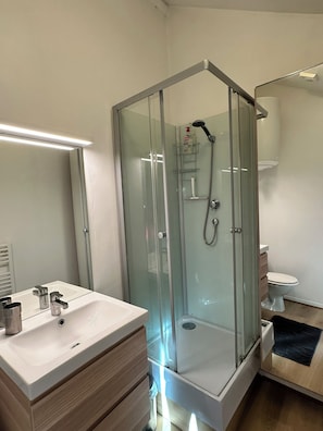 A modern bathroom with a glass-enclosed shower, a white sink with a mirror, and a toilet. - New Listing (Reims)