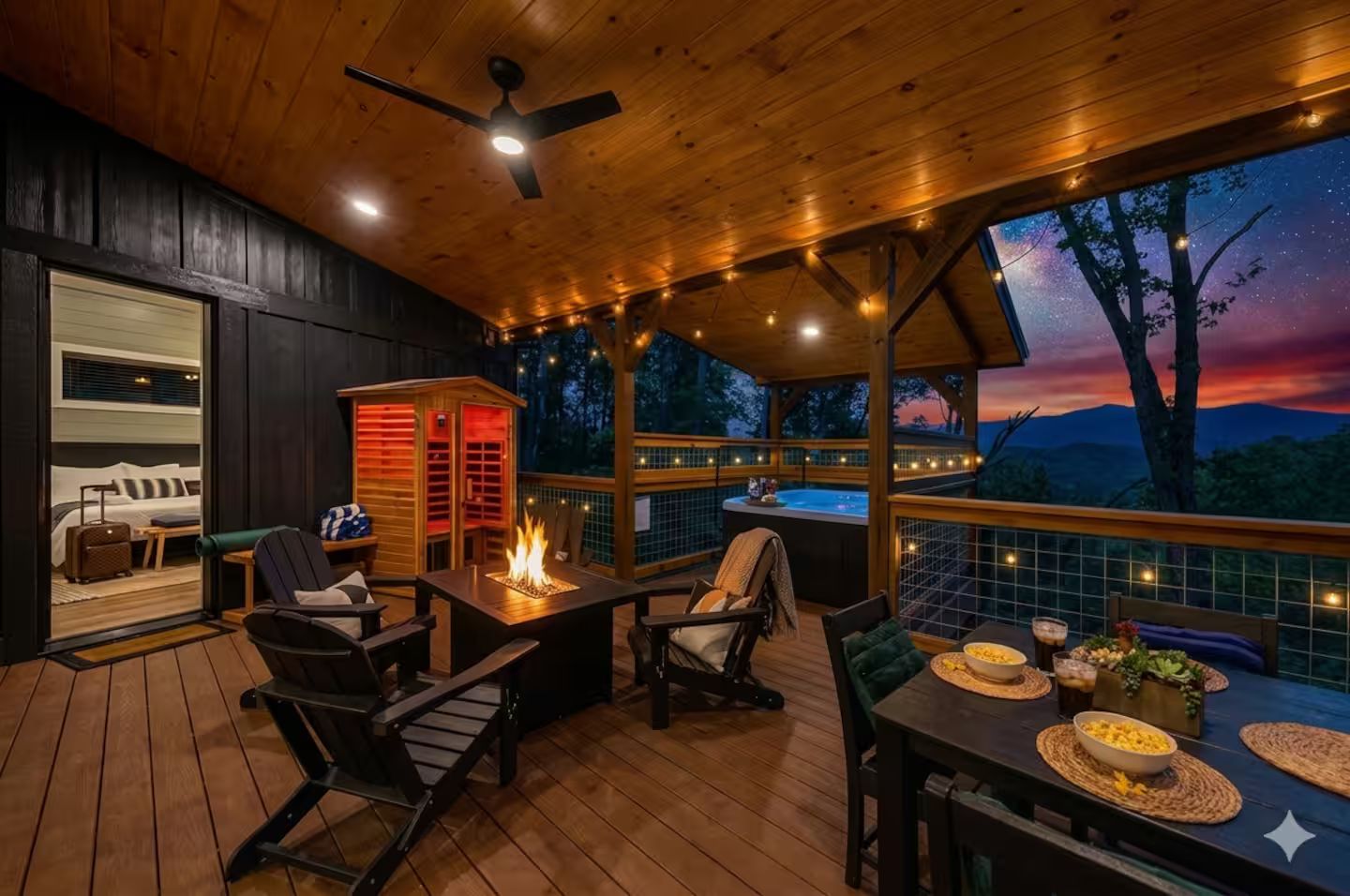 Une terrasse en bois avec un jacuzzi, un espace salon et une vue sur les montagnes au crépuscule.