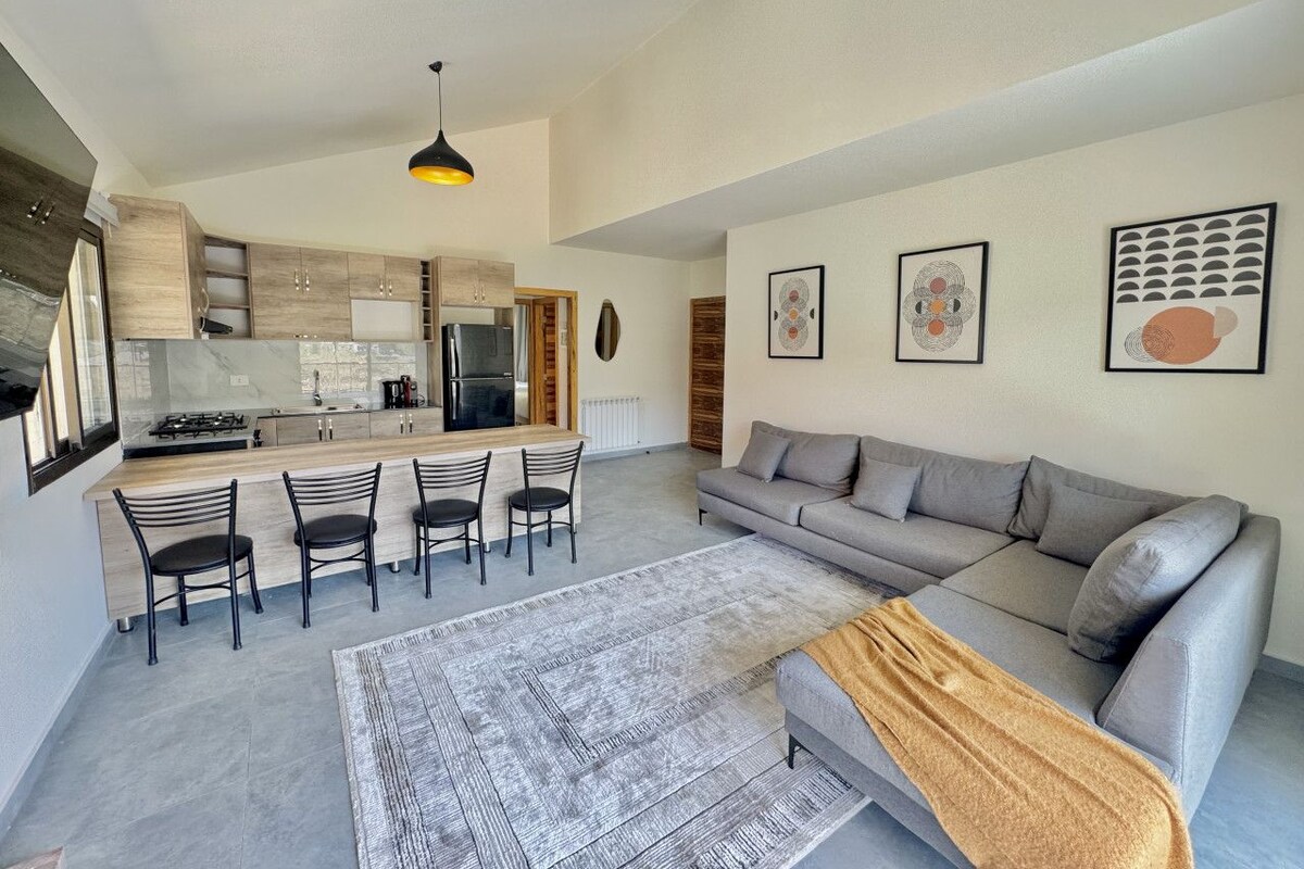 A modern living space with a kitchen, dining area, and a sofa set.