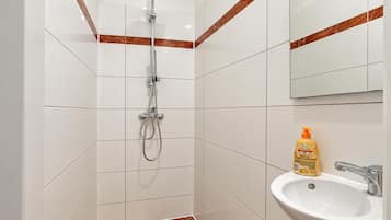 A bathroom with a shower, a sink, and a mirror.